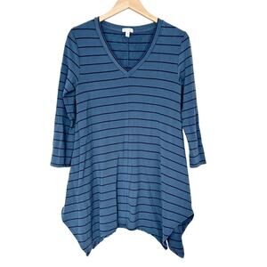 Garnet Hill Blue Black Striped Asymmetrical 3/4 Sleeve Shirt Sz XS